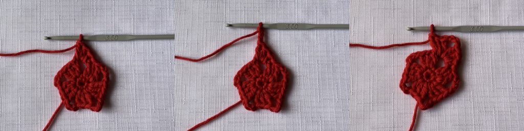 crochet star tutorial steps 16 to 18_3dc, ch3, 3dc, to start round 3 & create the 1st point of the star
